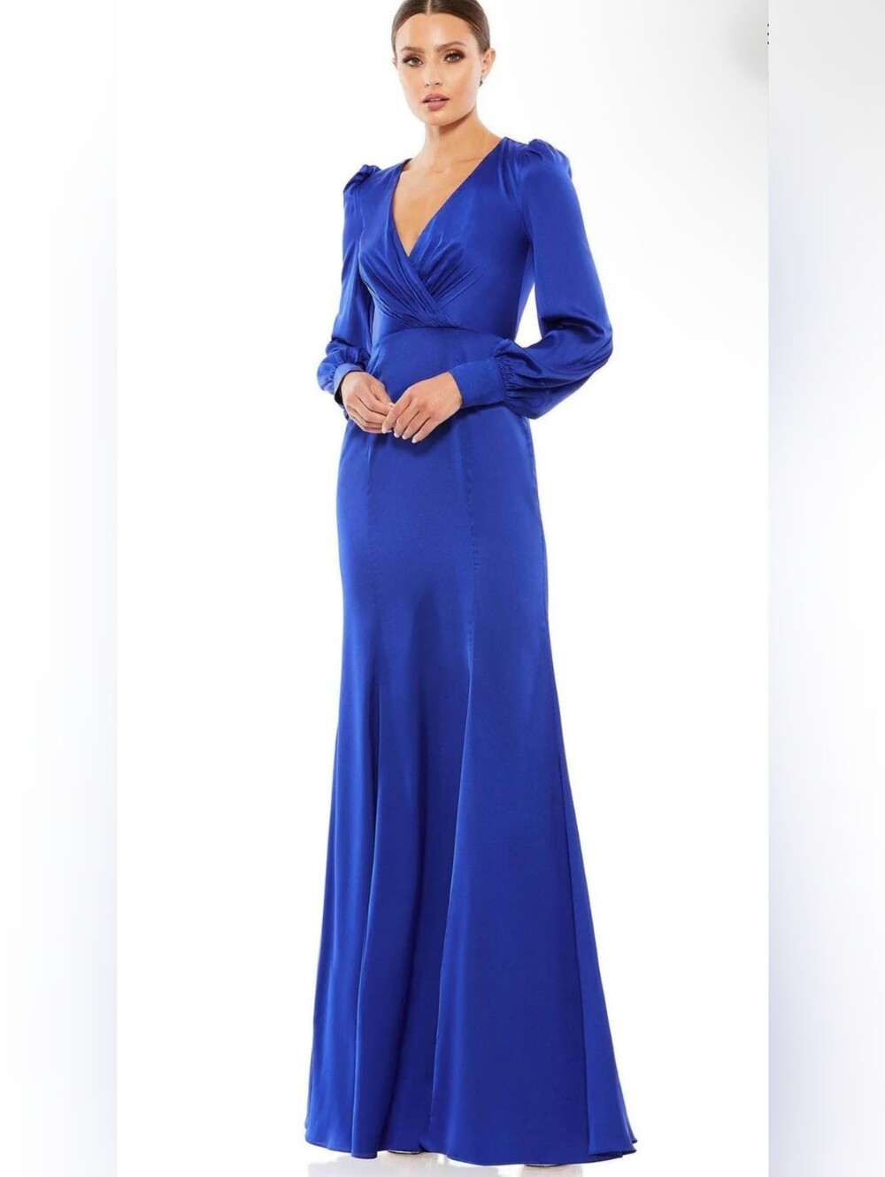 Mac Duggal Long Sleeve Formal Satin Evening Dress in Royal Blue Fabric 55635